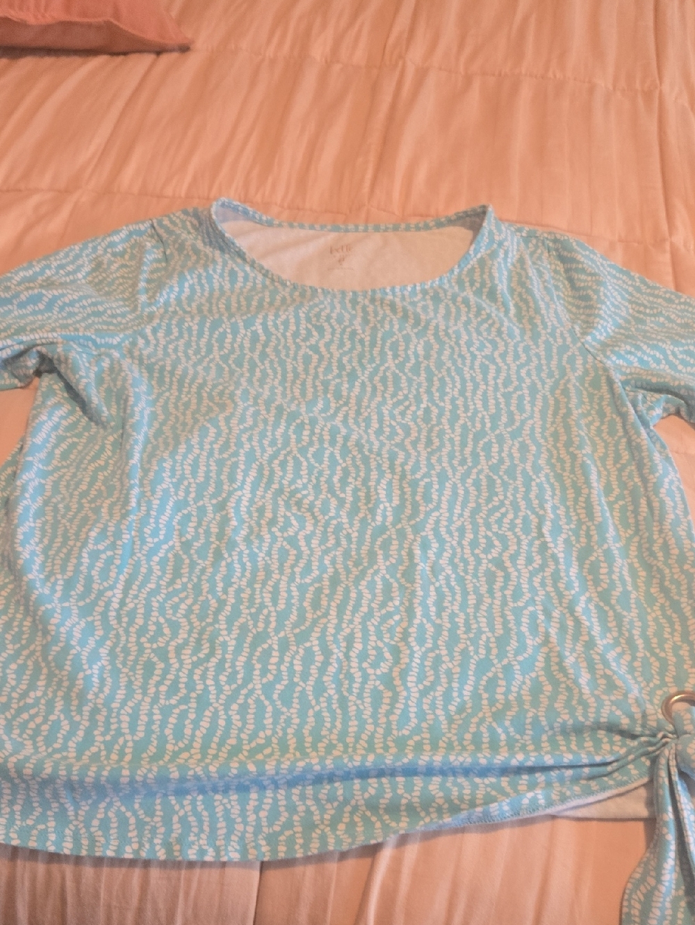 Belle by Kim Gravel Blue Patterned Short-Sleeve Tie Detail Tee